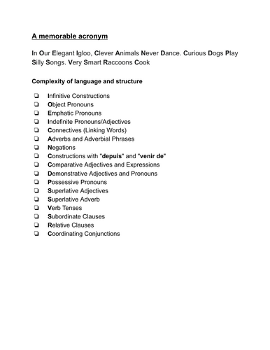 French Complex sentence and Structure check list - Writing 90 - 150 words