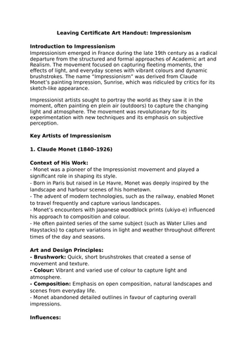 Leaving Certificate Art Handout: Impressionism Revision