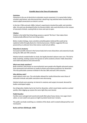 Scientific Ideas in the Time of Frankenstein Worksheet
