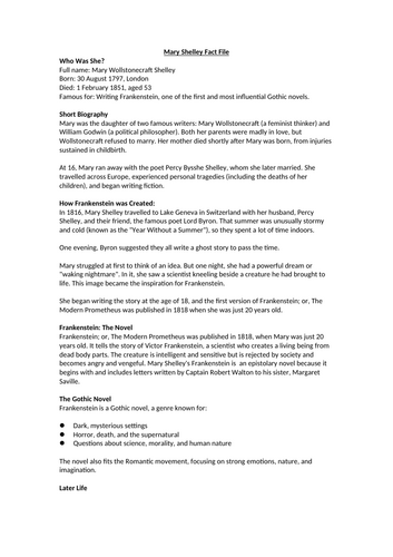 Mary Shelley & Frankenstein Worksheet