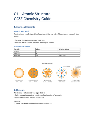 C1-C3 GCSE Chemistry Summary handout notes. Atomic Structure, Periodic Table, Bonding.