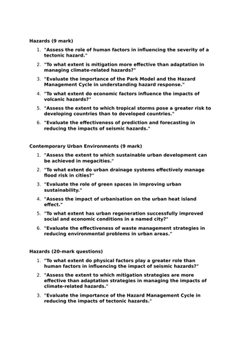 Practice questions for AQA A level geography