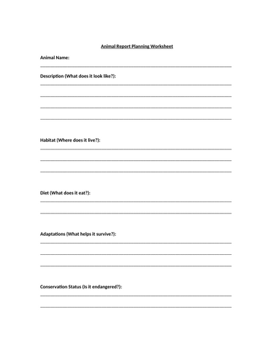 Animal Report Planning Worksheet