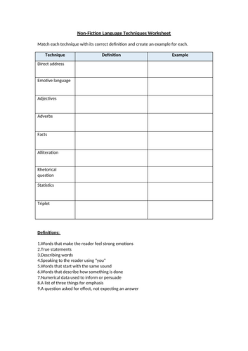Non-Fiction Language Techniques Worksheet