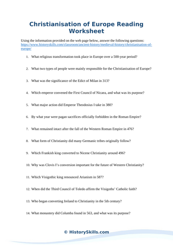 Christianisation of Europe Reading Comprehension Worksheet