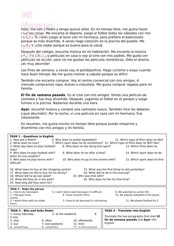 Pedro's free time - Spanish reading - two tenses - 4 tasks