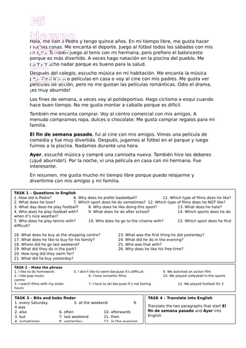 Pedro's free time - Spanish reading - two tenses - 4 tasks