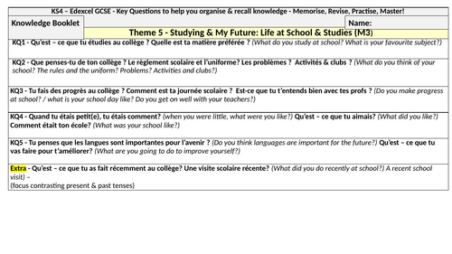 Booklet of sentence builders for Theme 5 - School & studies - Edexcel New Spec - First exam 2026.