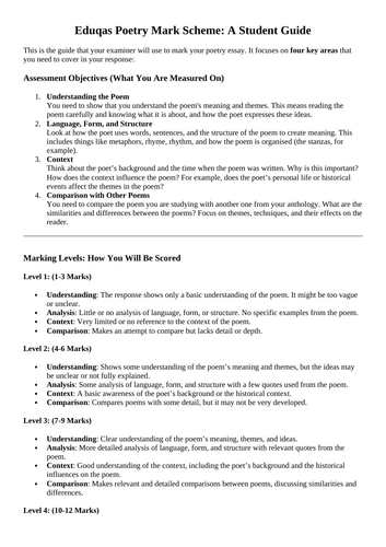 Student Friendly Eduqas Poetry Comparison Mark Scheme