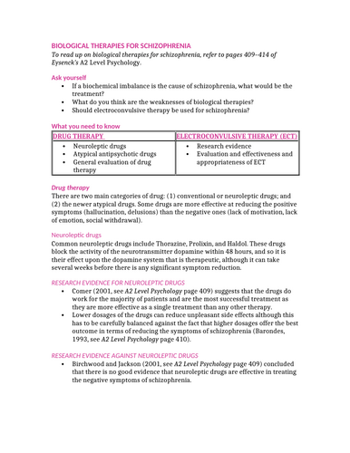 Revision Guide for Biological Therapies of Schizophrenia: A-Level Psychology AQA