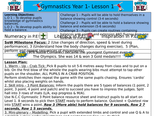 Year 1 PE scheme of work