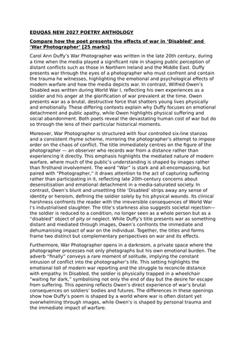 EDUQAS 2027 New Anthology - Grade 8/9 Disabled & War Photographer Comparison Essay