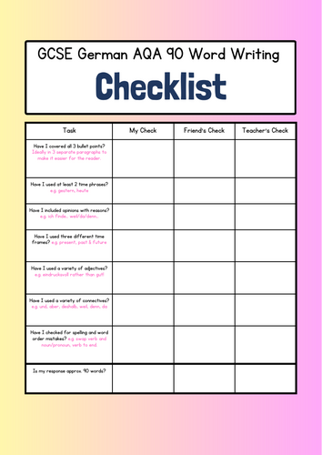 New GCSE German 2025 AQA 90 Word Writing Ticksheet