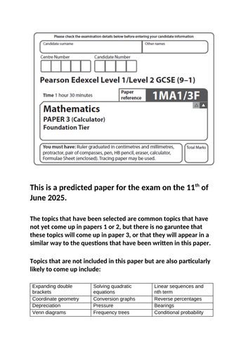 Edexcel Foundation GCSE Maths 2025 - Predicted Paper 3