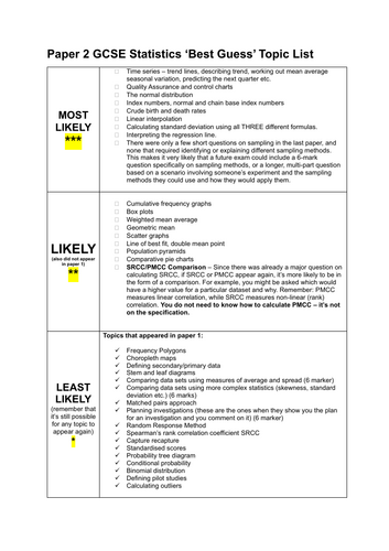 GCSE Statistics 2025 - Paper 2 Prediction Topic List