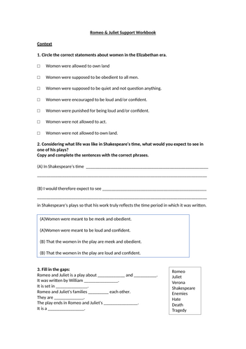 Romeo & Juliet Support Workbook (SEN / EAL)