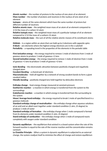 AQA Chemistry ALevel Definition Lists