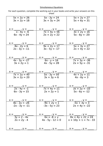 Simultaneous Equations Worksheet - Mixed Questions