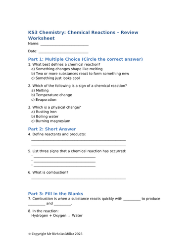 Worksheet - Chemical Reactions  - Chemistry KS3 Science