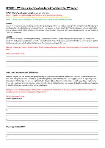 KS3 DT - Writing a specification; Chocolate bar wrapper