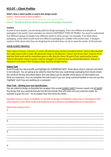 KS3 DT - Writing a client profile