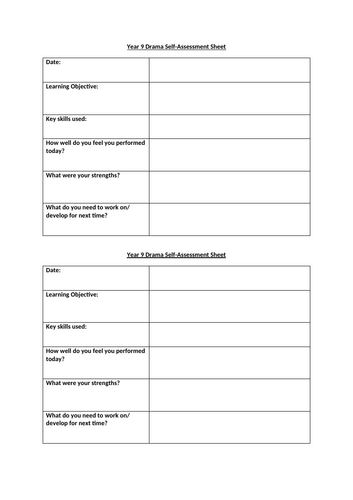 KS3 Drama self-assessment sheet