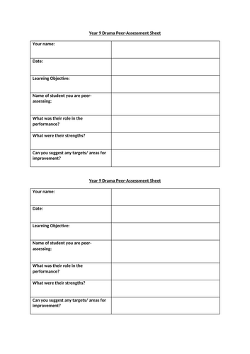 KS3 Drama peer-assessment sheet