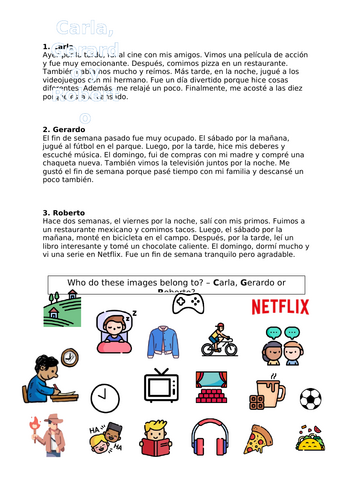 Three texts preterite reading Spanish free time