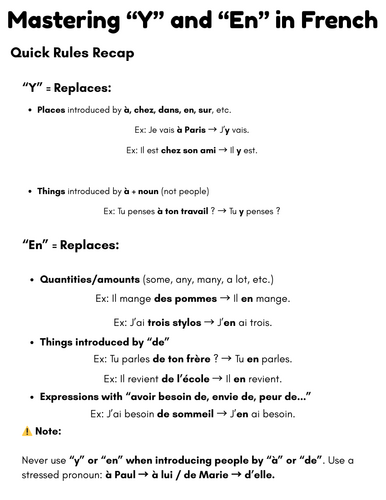 y and en in french grammar exercises