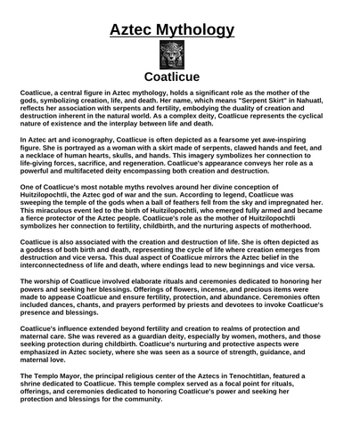 Aztec God: Coatlicue “Article & Questions” Assignment