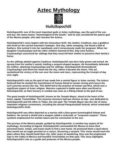 Aztec God: Huitzilopochtli “Article & Questions” Assignment
