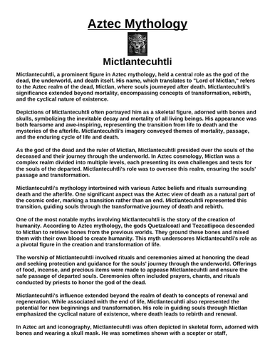 Aztec God: Mictlantecuhtli “Article & Questions” Assignment