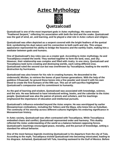 Aztec God: Quetzalcoatl “Article & Questions” Assignment