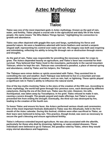 Aztec God: Tlaloc “Article & Questions” Assignment