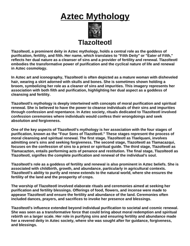 Aztec God: Tlazolteotl  “Article & Questions” Assignment