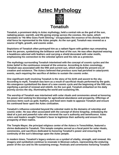 Aztec God: Tonatiuh “Article & Questions” Assignment