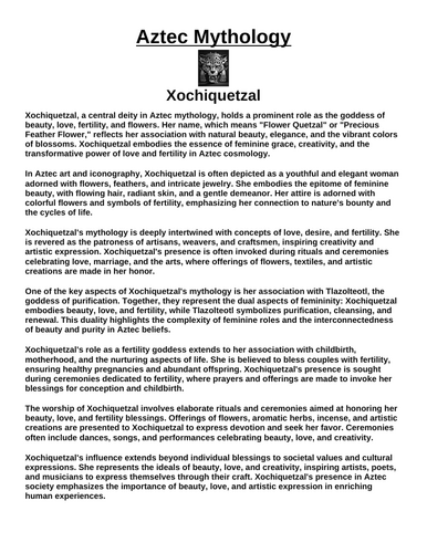 Aztec God: Xochiquetzal “Article & Questions” Assignment