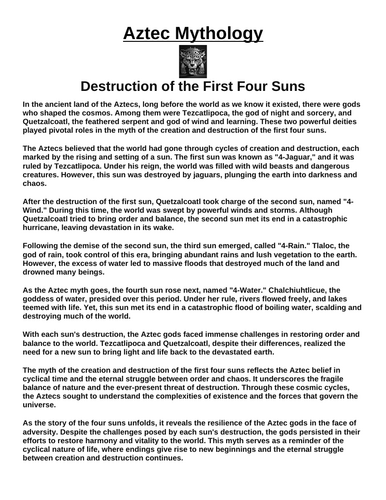 Aztec Myth: Destruction of the First Four Suns “Article & Questions” Assignment