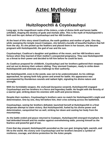 Aztec Myth Huitzilopochtli's Birth and the Defeat of Coyolxauhqui “Article & Questions”
