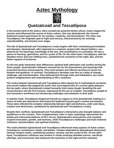 Aztec Myth Quetzalcoatl and Tezcatlipoca “Article & Questions” Assignment