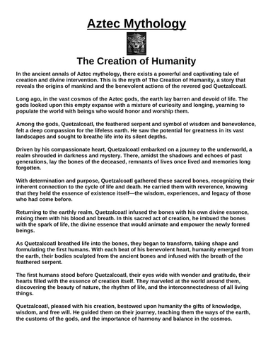 Aztec Myth The Creation of Humanity “Article & Questions” Assignment