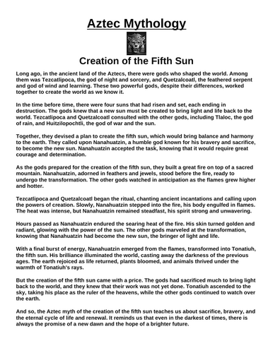Aztec Myth The Creation of the Fifth Sun “Article & Questions” Assignment
