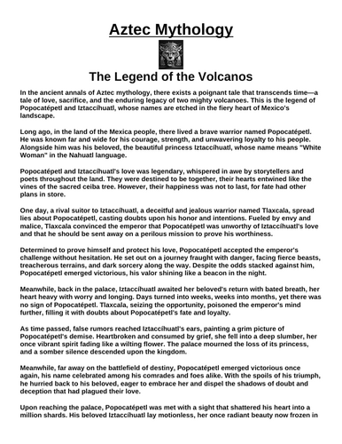 Aztec Myth The Legend of the Volcanos “Article & Questions” Assignment