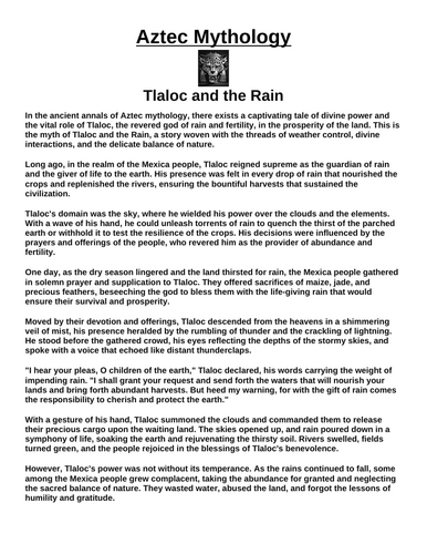 Aztec Myth Tlaloc and the Rain “Article & Questions” Assignment