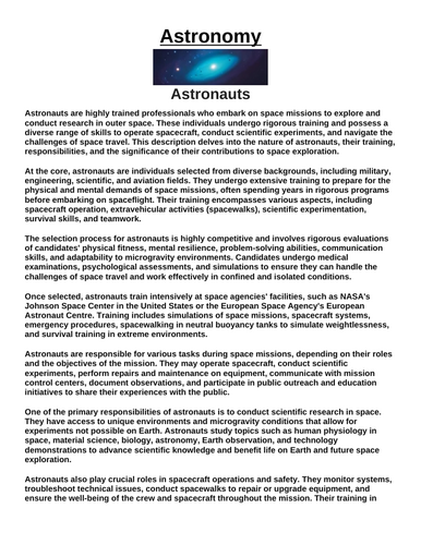 Astronauts “Article & Questions” Assignment