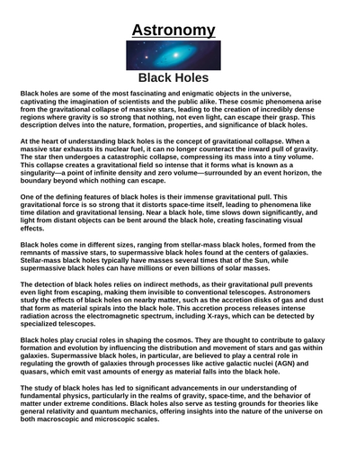 Black Holes “Article & Questions” Assignment
