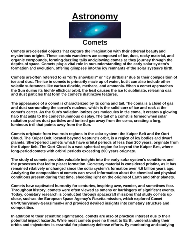 Comets “Article & Questions” Assignment