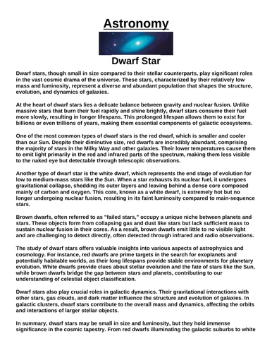 Dwarf Star “Article & Questions” Assignment