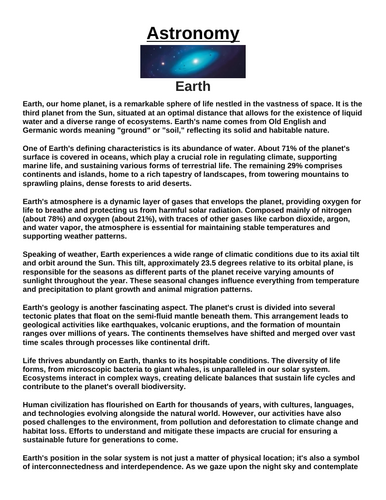 Earth “Article & Questions” Assignment