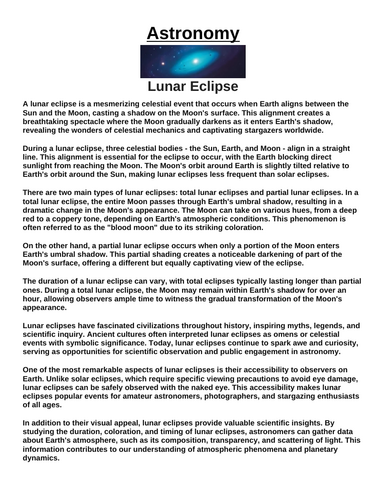 Lunar Eclipse “Article & Questions” Assignment